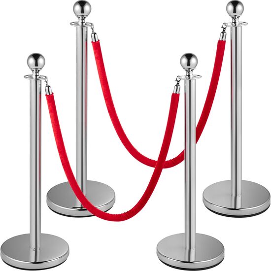 Set 4 stalpi delimitare, Franghie rosie 1.5 m, Inox,Argintiu, Inaltime 96 cm, Heavy Duty