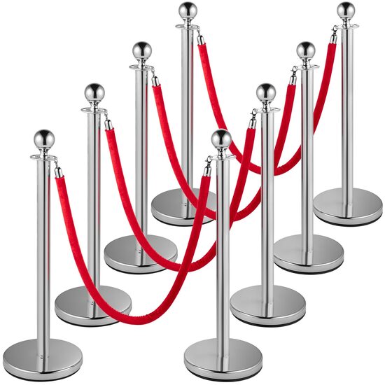 Set 8 stalpi delimitare, Franghie rosie catifea 1.5 m, Inox, Argintiu, Inaltime 90 cm, Heavy Duty