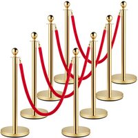 Set 8 stalpi delimitare, Franghie rosie catifea 1.5 m, Inox, Auriu, Inaltime 96 cm, Heavy Duty