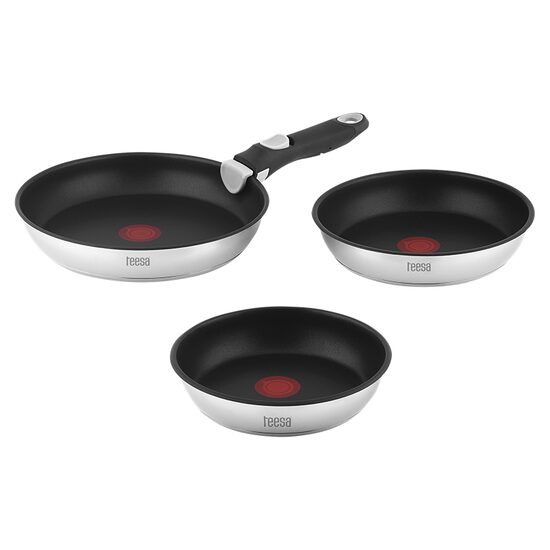 Set 3 tigai Inox cu maner detasabil, Teesa, Indicator incalzire, Suprafata antiaderenta din titan, diameter 22/24/28 cm
