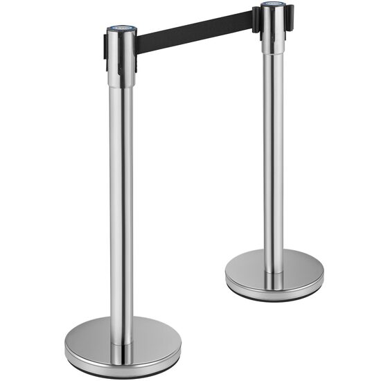 Set 2 stalpi delimitare, Banda retractabila in 4 directii, Inox, Argintiu, Inaltime 90 cm, Heavy Duty