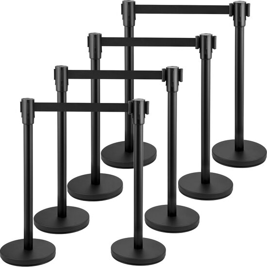 Set 8 stalpi delimitare, Banda retractabila in 4 directii, Inox, Negru, Inaltime 90 cm, Heavy Duty