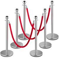 Set 6 stalpi delimitare, Funie rosie catifea, Inox, Argintiu, Inaltime 95 cm, Heavy Duty