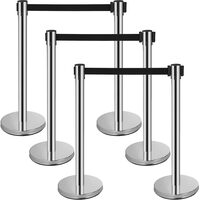 Set 6 stalpi delimitare, centura retractabila in 4 directii, Inox, Argintiu, Inaltime 90 cm, baza stabila