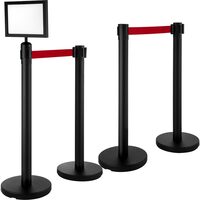 Set 4 stalpi delimitare cu suport avertizare, Centura in 4 directii lungime 2 m, Inox, Negru, Inaltime 90 cm