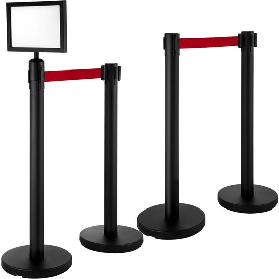 Set 4 stalpi delimitare cu suport avertizare, Centura in 4 directii lungime 2 m, Inox, Negru, Inaltime 90 cm