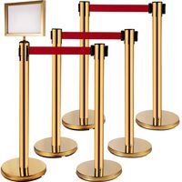 Set 6 stalpi delimitare cu suport avertizare, Inox, Centura rosie in 4 directii lungime 2 m, Auriu, Inaltime 90 cm