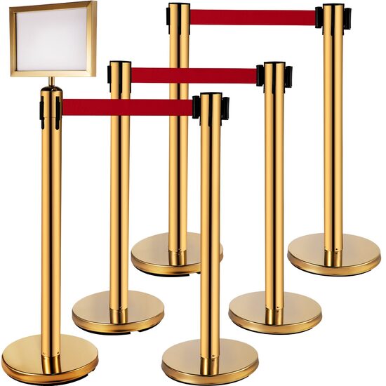 Set 6 stalpi delimitare cu suport avertizare, Inox, Centura rosie in 4 directii lungime 2 m, Auriu, Inaltime 90 cm