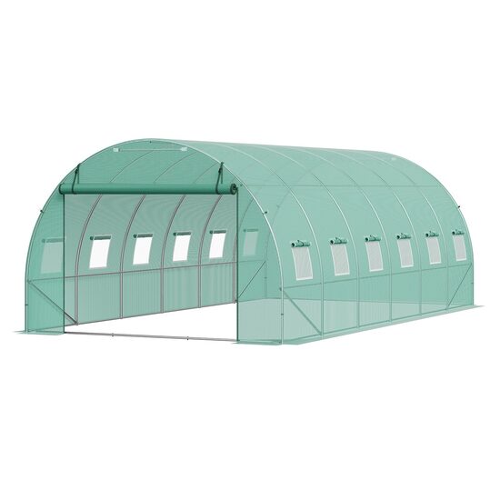 Sera pentru flori si legume, Cadru otel galvanizat, 590x295x198 cm, 12 ferestre, 140 g/cm³ PE, Velcro, verde