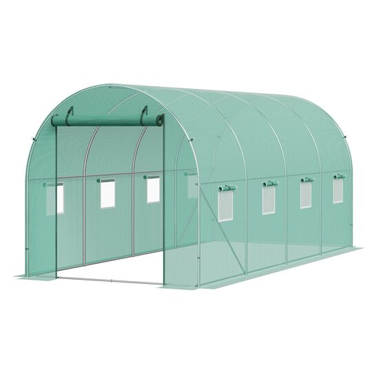 Sera pentru flori si legume, Cadru otel galvanizat, 445x194x192 cm, 8 ferestre, 140 g/cm³ PE, Velcro, Verde