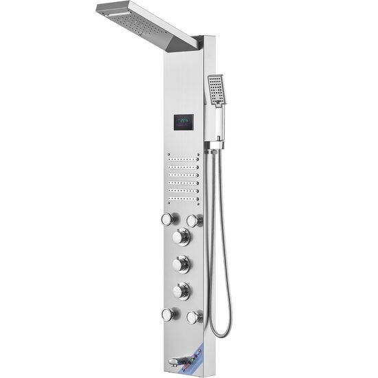 Panou dus cu hidromasaj, Inox Argintiu, 6 functii, Led, 1350 × 200 × 440 mm, 5 jeturi masaj corporal, Afisaj si lumina Led