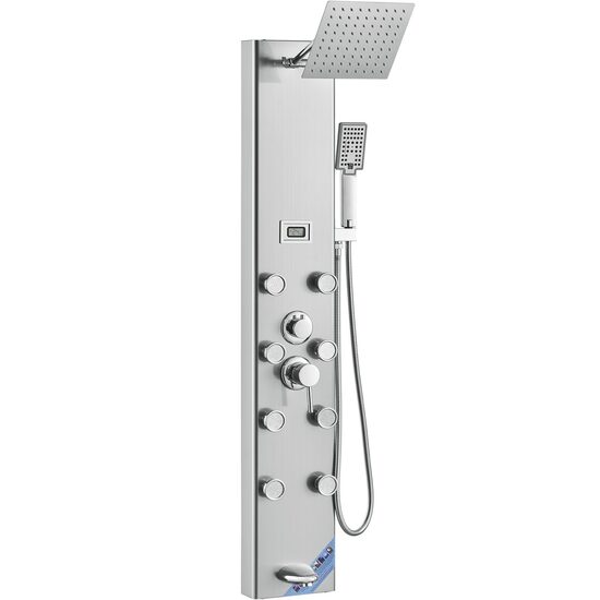 Panou dus cu hidromasaj, Inox Argintiu, 5 in 1, Afisaj si lumina Led, 1340 × 200 × 430 mm, 8 x jeturi masaj corporal