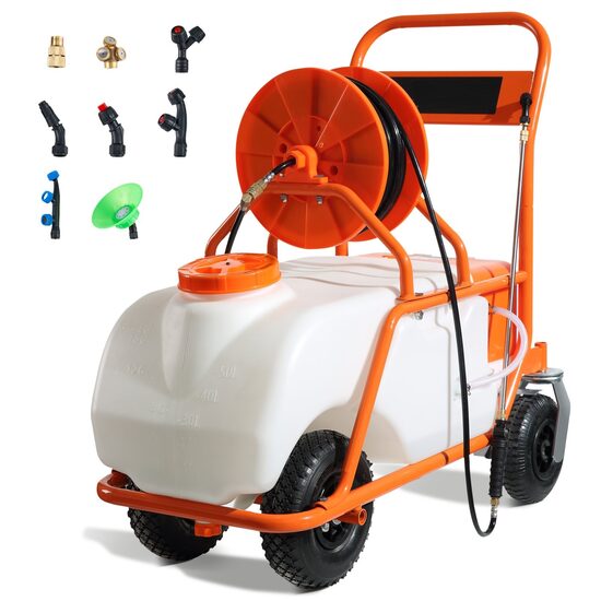 Pulverizator cu carucior cu tanc de 60 litri, electric cu baterie 12 Ah, 6 Bar, Inaltime pulverizare 4 m, furtun 38.4 m, debit 4.1 l/min, 8 x duze, 2 x baghete