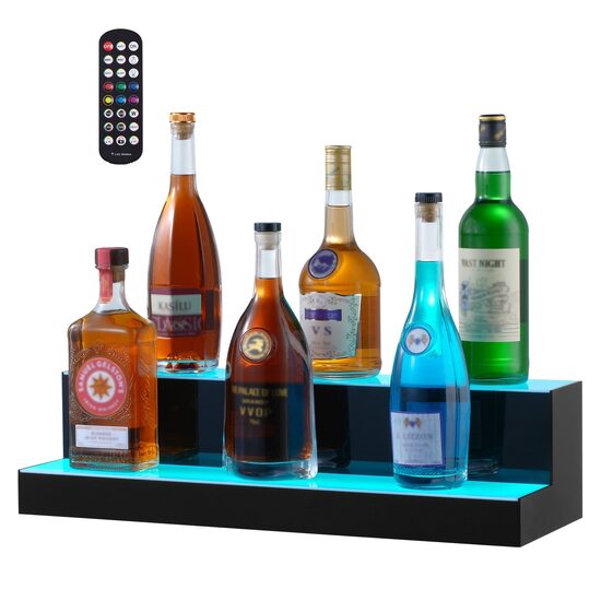 Suport sticle 2 trepte, Iluminare led RGB, Telecomanda si App, USB, retea sau Power Bank, 600x200x150 mm, Portabil, Acril