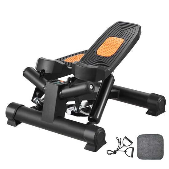 Stepper hidraulic cu corzi, Pedale Antiderapante, LCD timp, calorii si distanta, sarcina 150 Kg, Negru, Covoras 