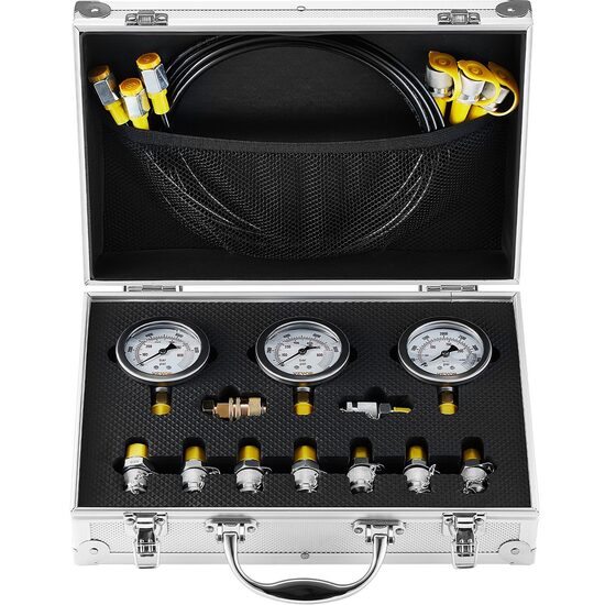Set pentru testarea presiunii hidraulice 250/400/600 bar, 3 manometre, 9 cuplaje G1/8, G1/4, G3/8, M10/1, M10/1.25, M14/1.5, UNF7/16-20, UNF9/16-18 și conector rapid
