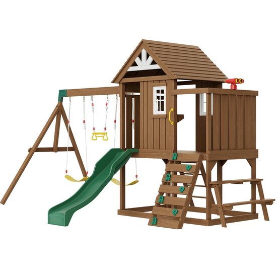 Spatiu joaca, Casuta cu leagane si topogan, 9 in 1, max 150 kg, Lemn cedar