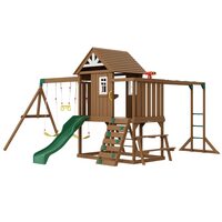 Spatiu joaca, Casuta cu leagane si topogan, 10 in 1, max 150 kg, Lemn cedar