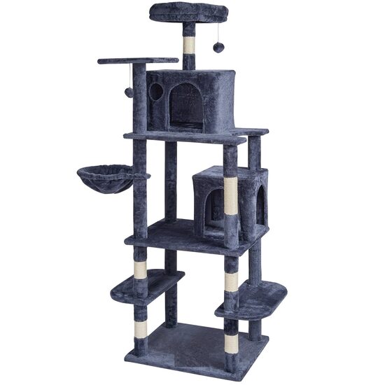 Ansamblu de joaca pentru pisici, 84×48.5×174 cm, Plus, Gri inchis, Compartimente Relaxare, 8 etaje, stalp pentru zgariat