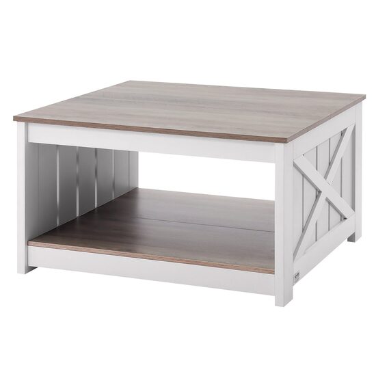Masuta de cafea Vintage Farm, Spatiu depozitare deschis, Lemn, Patrat, 800 x 800 x 455 mm, Balamale metal, Maro/Alb