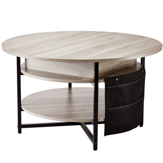 Masuta de cafea rotunda Lift Top, 2 in 1 Desktop birou Extensibil, 900 x 900 x 510 mm, Gri/Negru, buzunare depozitare