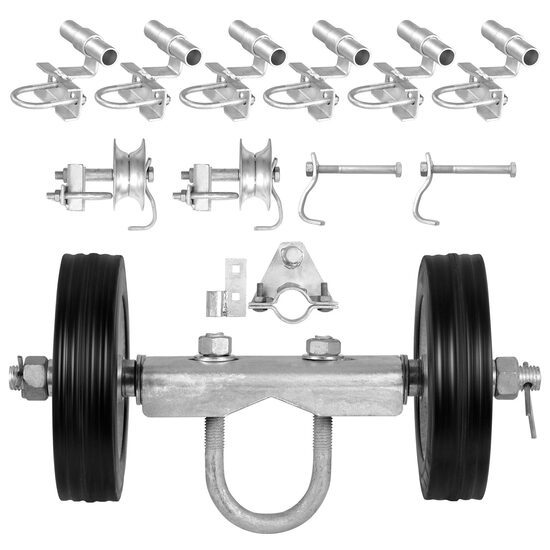 Kit Roti cauciuc cu suport pentru porti culisante, Otel galvanizat, max 300 kg, 144.3×305 mm, potrivit tocurilor de usi si sinelor de la 32-42 mm