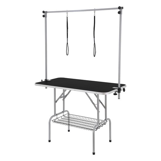Masa toaletaj pentru animale cu talie mica/medie, Max 150 kg, 1137.9 x 609.6 mm, Otel Inoxidabil, Pliabila, Brat cu 2 x lesa