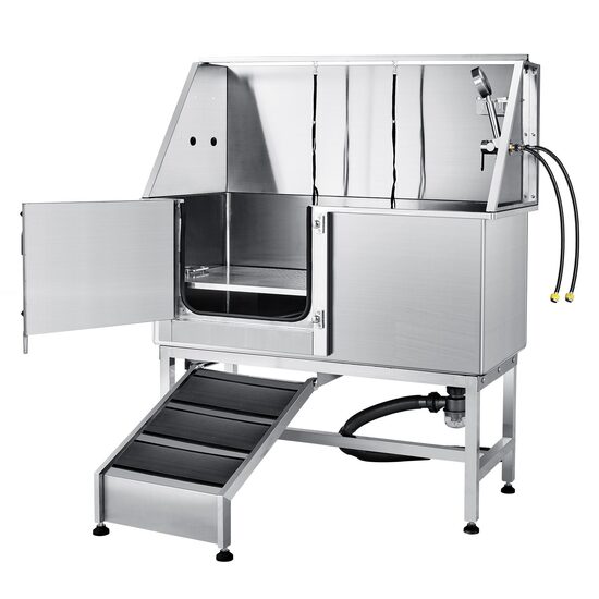 Cada pentru animale de companie All-in-One, Inox, Accesorii complete dus, baterie, Rampa, max 150 kg, 1270x1510x580 mm, deschidere usa stanga