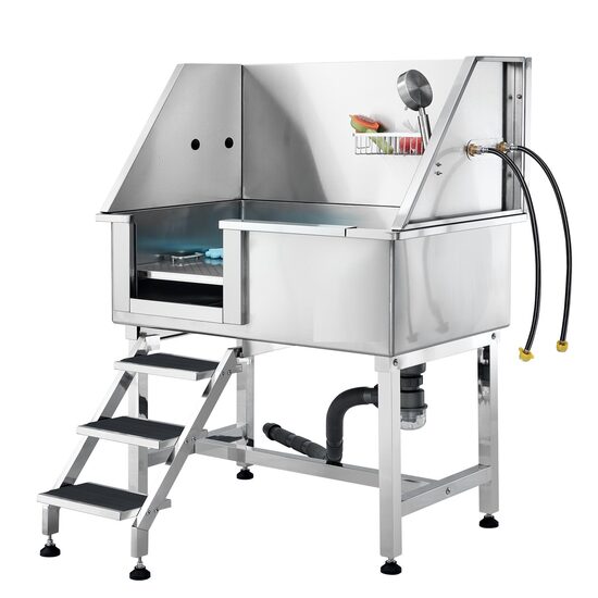 Cada pentru animale de companie All-in-One, Inox, Accesorii complete dus, baterie, Scara 3 trepte, max 100 kg, 966x1220x622 mm, deschidere usa pe stanga