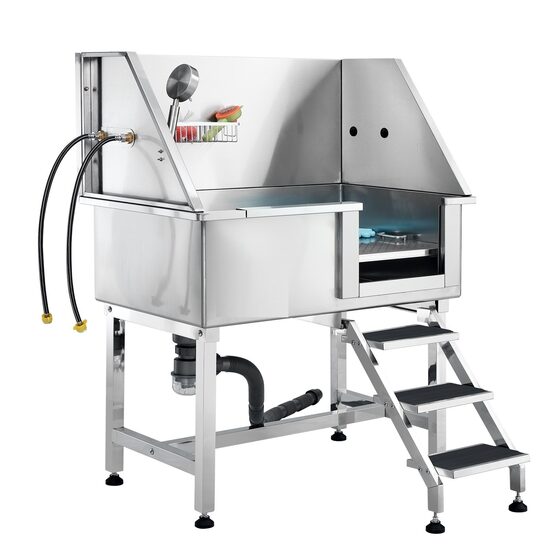 Cada pentru animale de companie All-in-One, Inox, Accesorii complete dus, baterie, Scara 3 trepte, max 100 kg, 966x1220x622 mm, deschidere usa pe dreapta