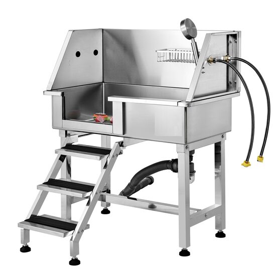 Cada pentru animale de companie All-in-One, Inox, Accesorii complete dus, baterie, Scara 3 trepte, max 100 kg, 870x1020x488 mm, deschidere usa pe stanga