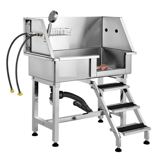 Cada pentru animale de companie All-in-One, Inox, Accesorii complete dus, baterie, Scara 3 trepte, max 100 kg, 870x1020x488 mm, deschidere usa pe dreapta