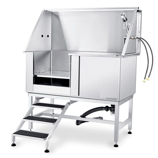 Cada pentru animale de companie All-in-One, Inox, Accesorii complete dus, baterie, Scara 3 trepte, max 150 kg, 1270x1565x700 mm, deschidere usa pe stanga