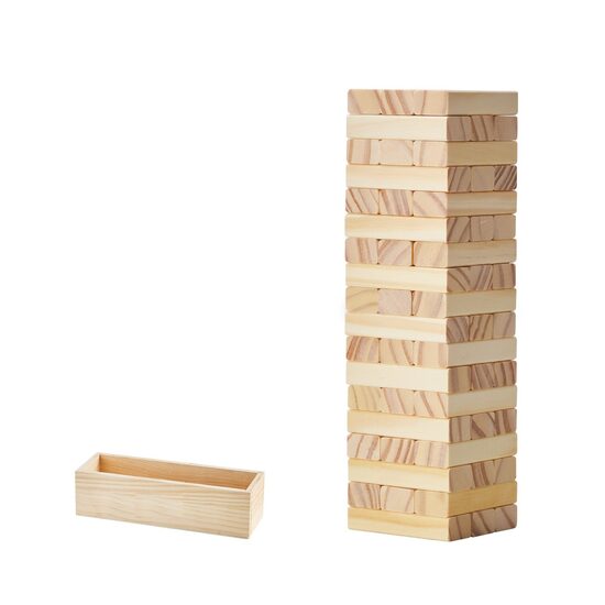 Joc de societate din lemn de pin,  Turn asamblabil Tumbling Tower 54 cuburi bej, 28 piese Domino