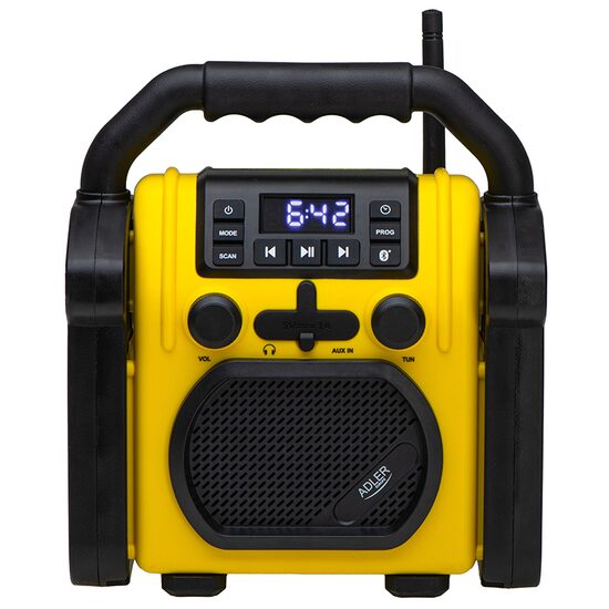 Radio portabil pentru santier/Camping, Bluetooth, IP54, 10W, AM/FM, antena telescopica, Afisaj Digital, Baterie (6x R14) și alimentarea rețea, Ceas, Aux, Incarcare telefon