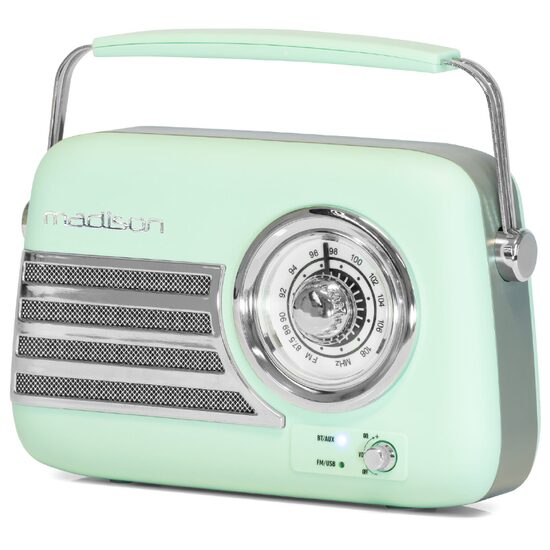 Radio Retro FM portabil, Acumulator Li-Ion, Bluetooth, USB, AUX, Putere 30W, 210 x 80 x 160mm, Verde