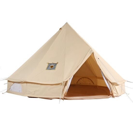 Cort camping / glamping, Diametru 3 m, Inaltime 200 cm, Orificiu cos soba, Poliester/Bumbac, Bej, 4 persoane