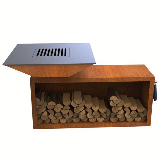 Gratar cu plita 10 mm si vatra de gatit pe lemne Krodesign KRO-1293, dimensiune 1050(H)975x975 mm, Otel Corten, Spatiu depozitare