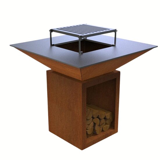 Gratar cu plita 10 mm si vatra de gatit Krodesign KRO-1292, dimensiune 1050(H)975x975 mm, Otel Corten, Spatiu depozitare lemne