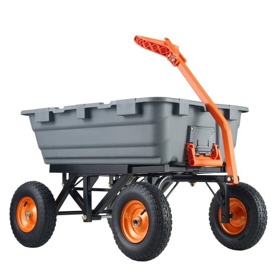 Carucior heavy-duty pentru gradina, 1980x710x670mm, Capacitate 680 kg, Cuva PP basculabila, roti cauciuc 13 inch, remorcabil