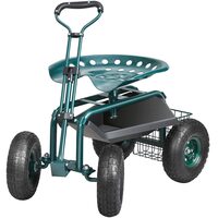 Scaun pentru gradina, Cos pentru Ustensile, Capacitate 136 Kg, 4 x roti gonflabile, Husa pentru sa, Verde