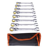 Set 8 chei cu clichet, Cap felxibil, Crom Vanadiu, 8, 10, 11, 12, 13, 14, 15, 17 mm, Husa, 72 dinti