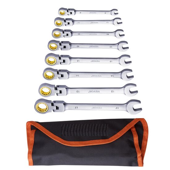 Set 8 chei cu clichet, Cap felxibil, Crom Vanadiu, 8, 10, 11, 12, 13, 14, 15, 17 mm, Husa, 72 dinti