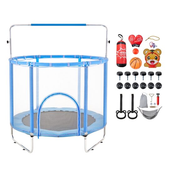 Trambulina pentru copii cu plasa exterioara, diametru 1470 mm, max 120 kg, 36 arcuri, Albastru/Negru, Accesorii hamac, sac box, set baschet