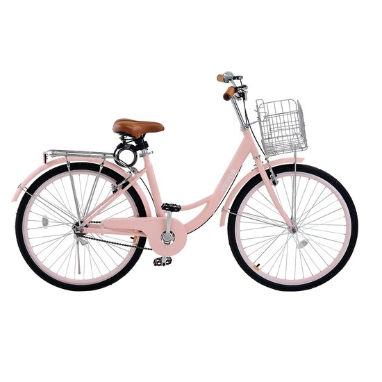 Bicicleta de oras, Roti 26 inch, 2 x frane V-Brake, Cos cumparaturi, max 150 kg, Otel, mansoane maner piele, 1 viteza, Roz