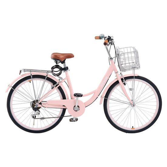Bicicleta de oras, Roti 26 inch, 2 x frane V-Brake, Cos cumparaturi, max 150 kg, Otel, mansoane maner piele, 7 viteze Shimano, Roz
