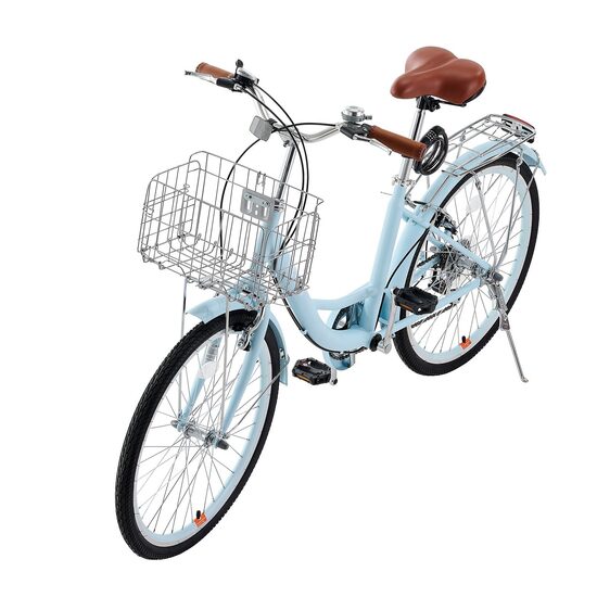 Bicicleta de oras, Roti 24 inch, 2 x frane V-Brake, Cos cumparaturi, max 150 kg, Otel, mansoane maner piele, 7 viteze Shimano, Albastru