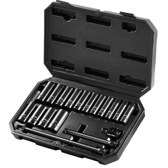 Trusa 18 chei tubulare adanci de impact, Hexagonale, prindere 3/8, Cr-Mo, Prelungitoare, 8-22 mm