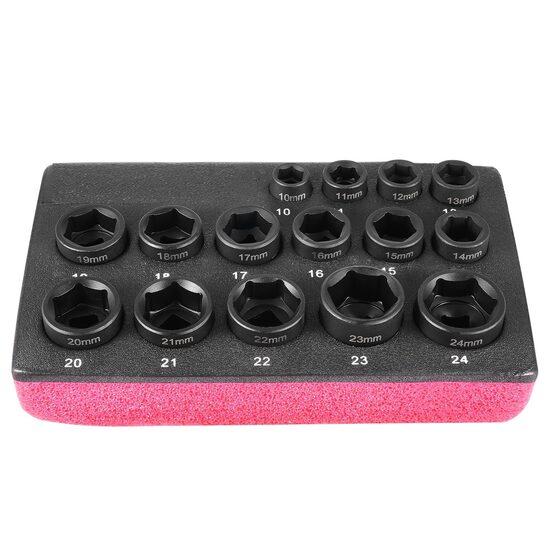 Set 15 chei tubulare scurte de impact, Hexagonale, prindere 3/8, Cr-Mo, 10-24 mm