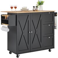 Insula bucatarie, blat rabatabil lemn masiv, 4 roti blocabile, 1150x680x990 mm, Negru/Maro, 3 x sertare, 1 x dulapior, suport prosop si condimente
